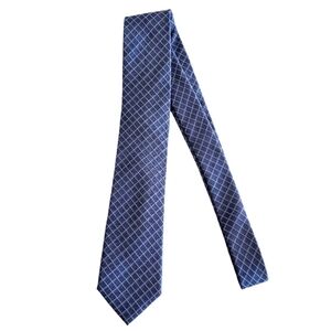 🟢 Calvin Klein Silk Blend Windowpane Tie Blue White Length 58"